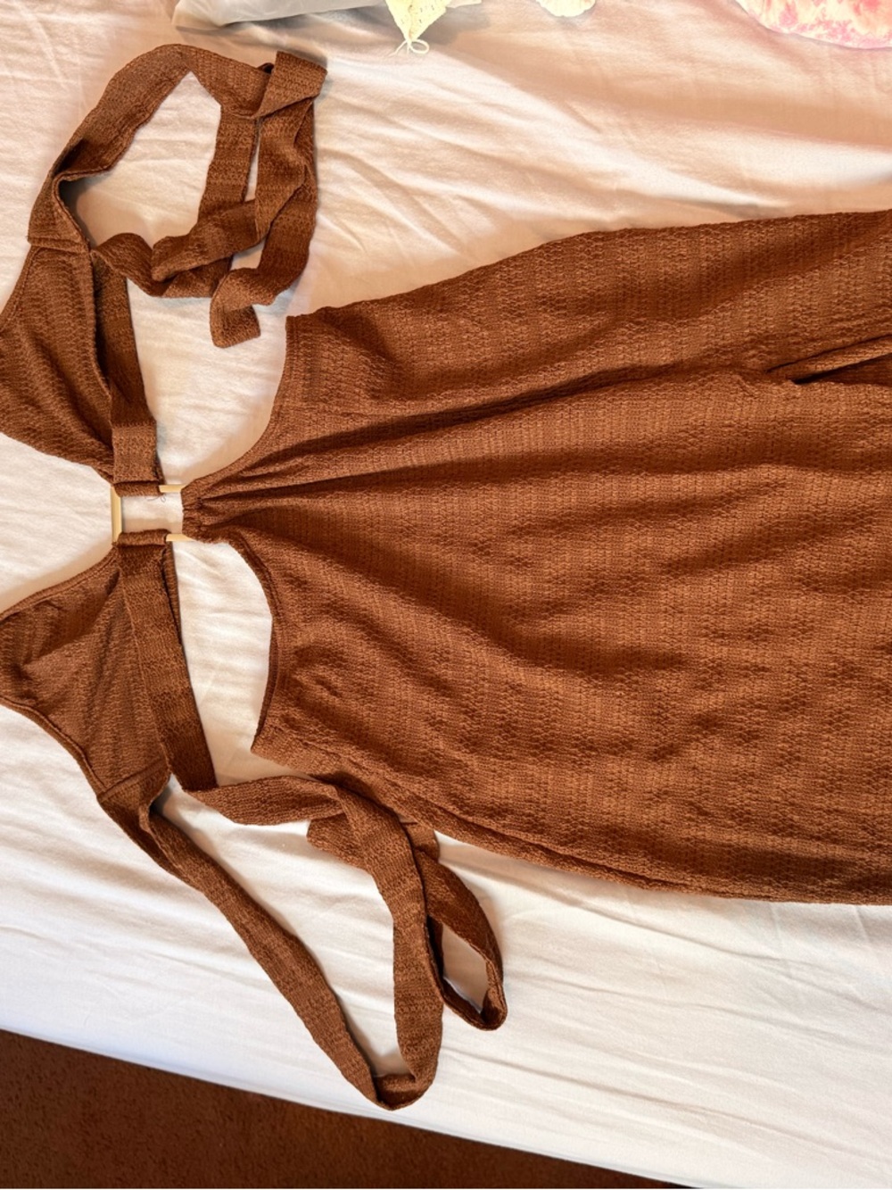 Brown Textured Halter Swim Dress with Ring Detail